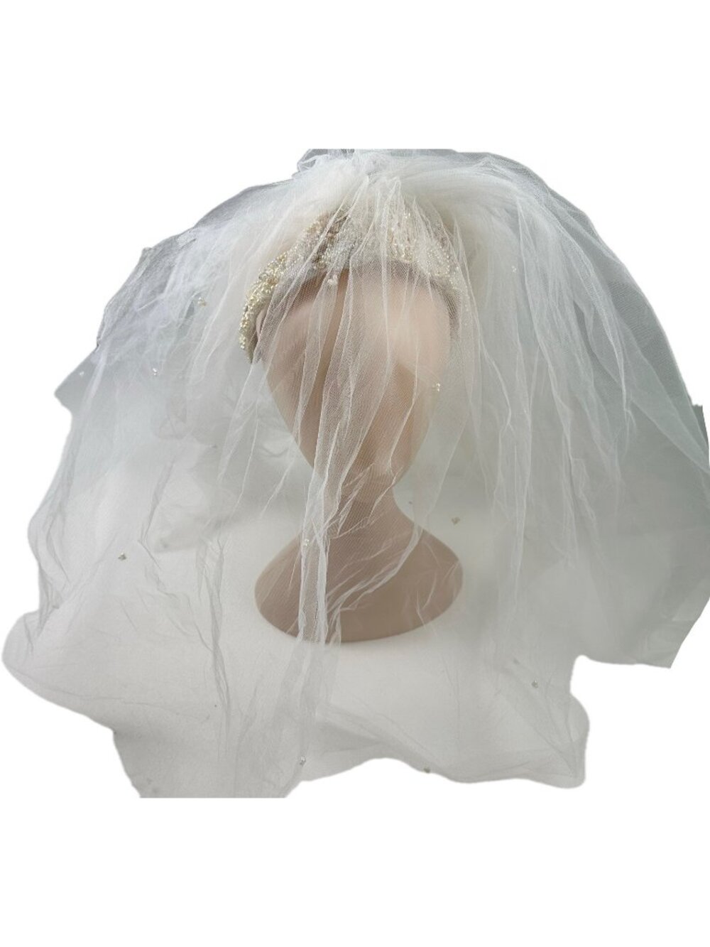 Vintage White Bridal Veil Pearl Beaded Wedding Headpiece Tiara Halloween